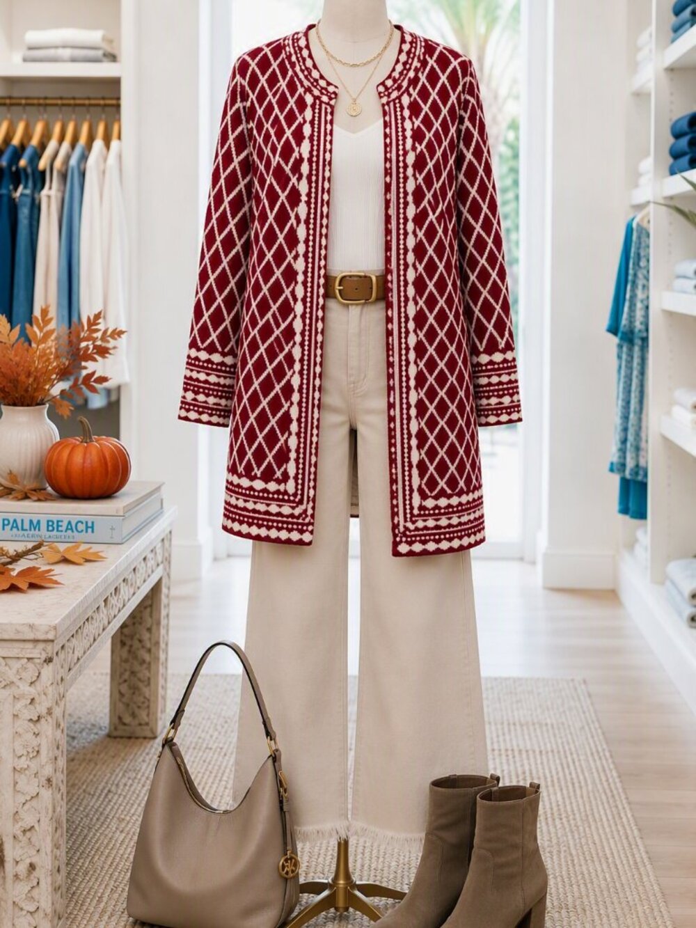 C. Wonder Burgundy and White Geometric Open Cardigan